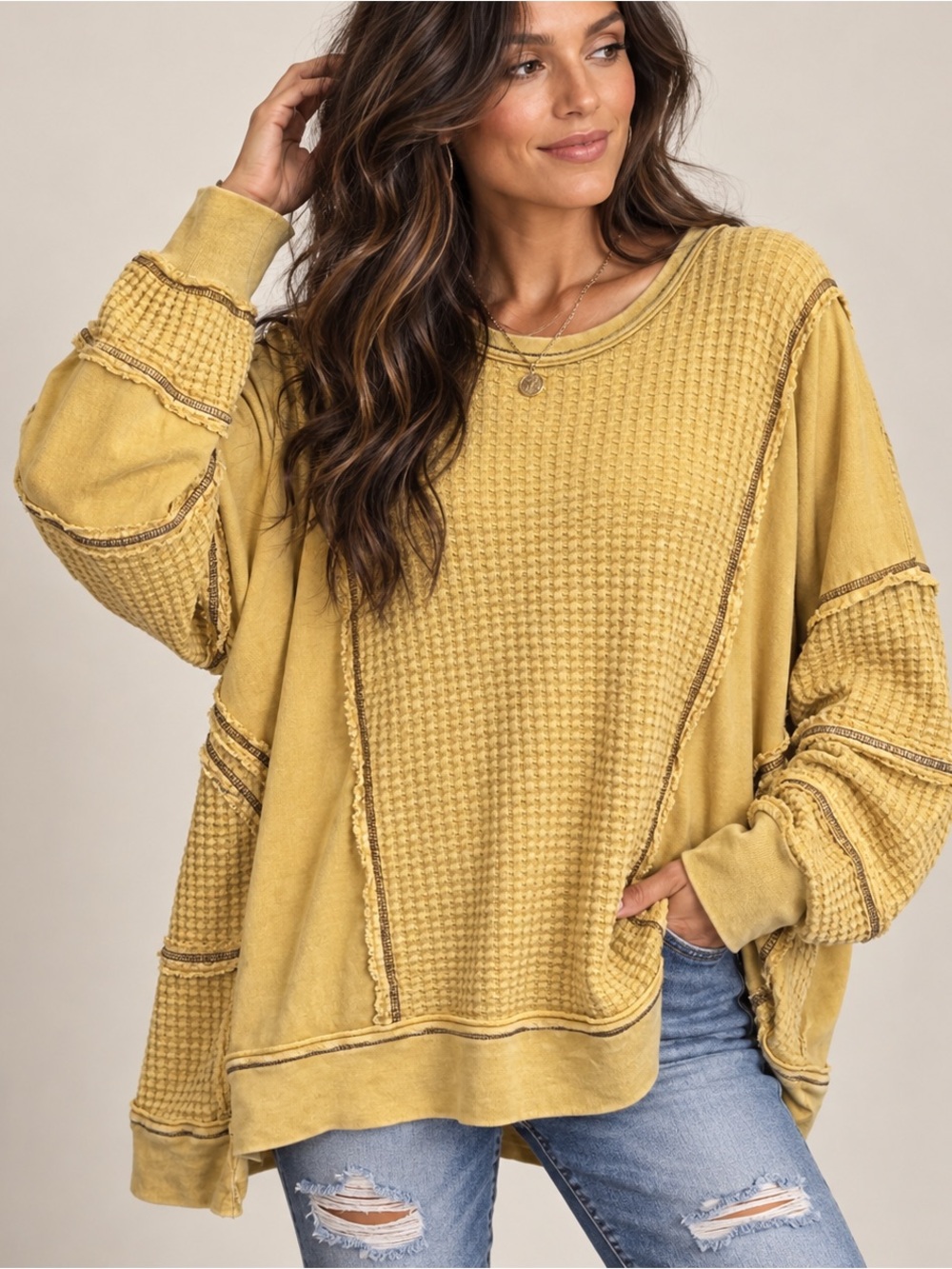 Easel Los Angeles Oversized Mustard Thermal Tunic Top Boho Long Sleeve